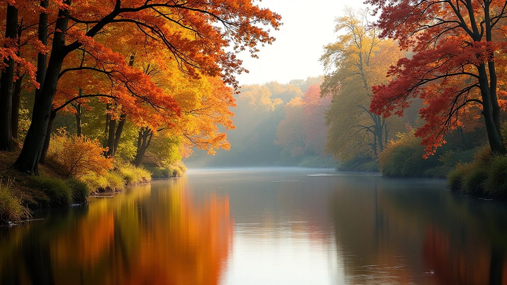 Autumn trees with golden leaves reflecting in calm river water during fall season