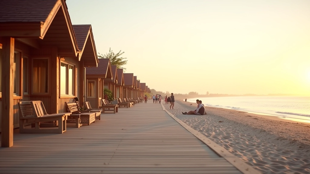Traditional wooden buildings along Jūrmala beachfront, sandy beach area with visitors, Baltic Sea in background, golden hour lighting