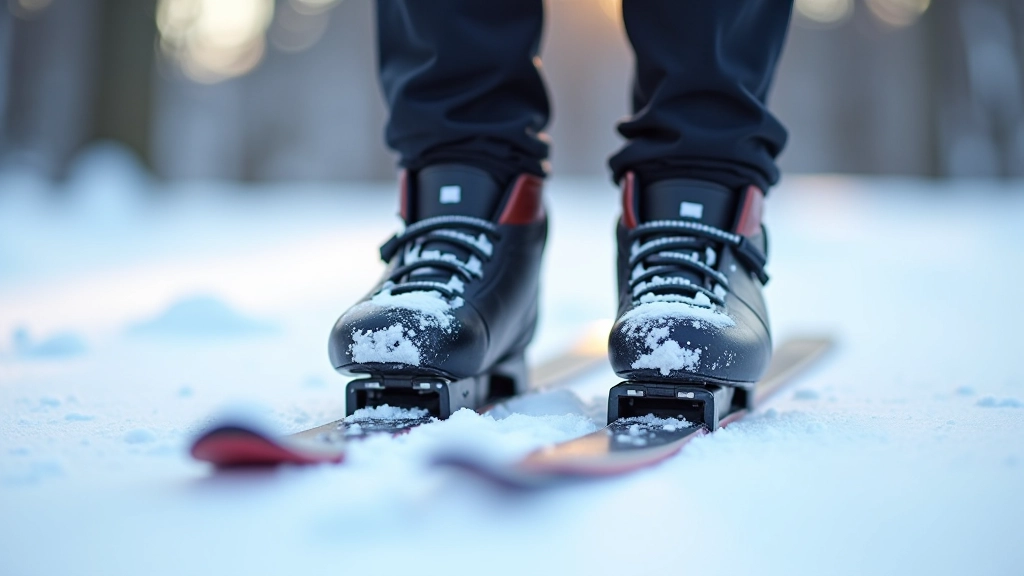 Close-up of skier's feet in boots with skis attached, showing proper stance and positioning on snowy trail