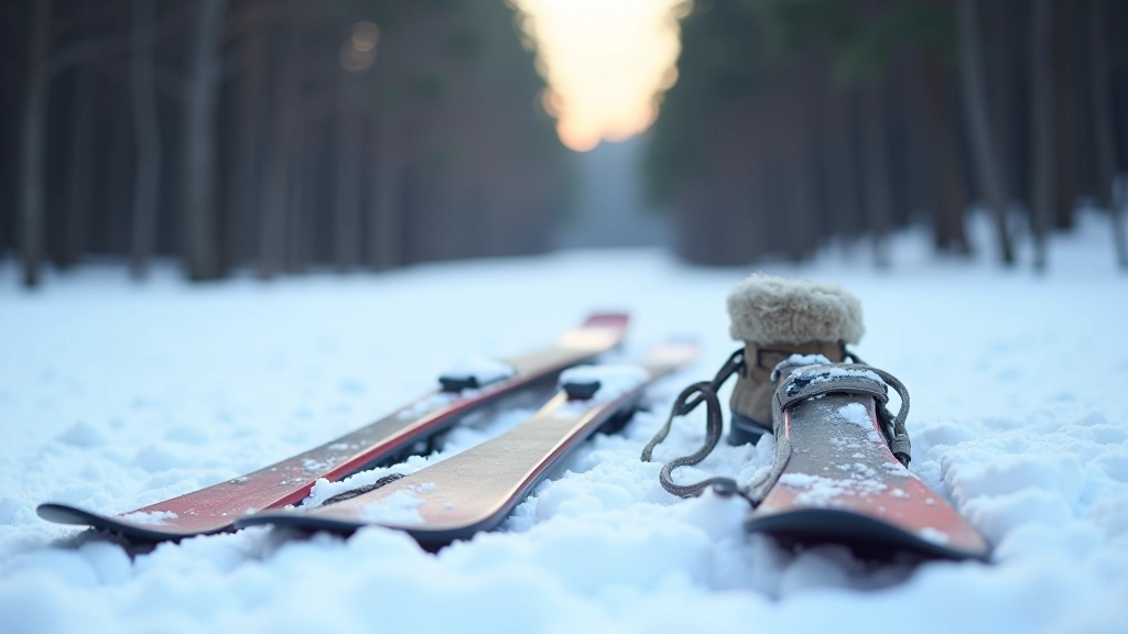 Pair of cross-country skis leaning against snow bank with poles and boots visible, winter outdoor setting with trees in background