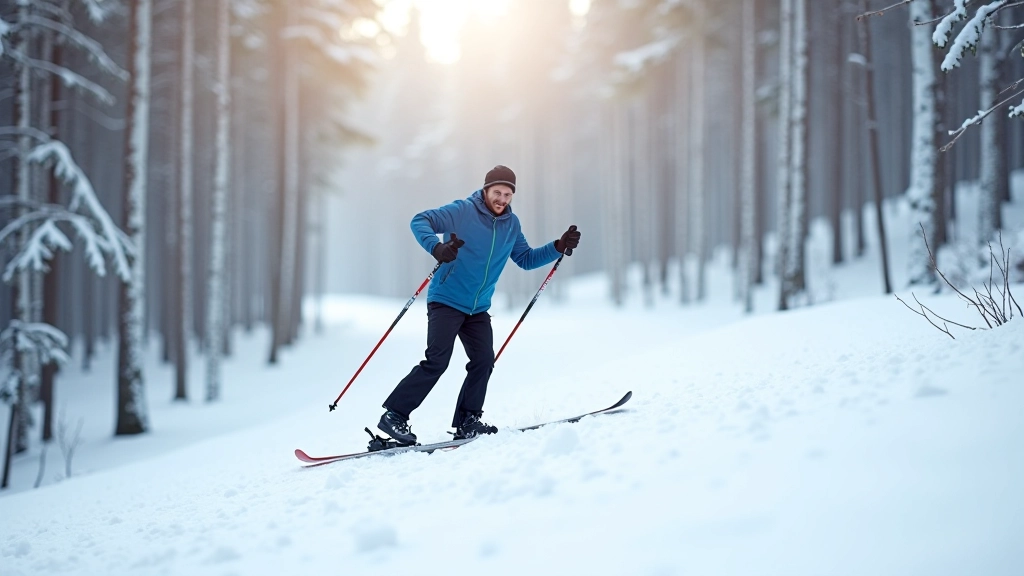 Skier ascending a snowy slope with trees in background, showing uphill technique and body positioning on incline