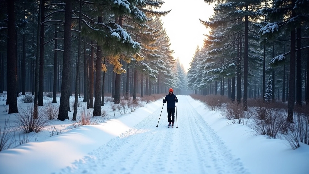 Cross-country skier in winter forest