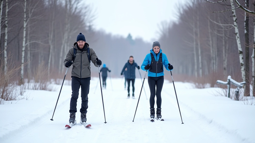 Group of cross-country skiers on a trail during daylight, showing multiple people enjoying the activity together on groomed path