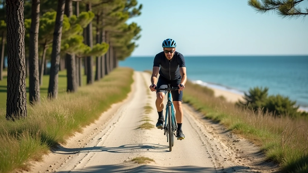 Scenic coastal road lined with pine trees, Baltic Sea visible on the right side, sandy beach areas below, bright natural lighting