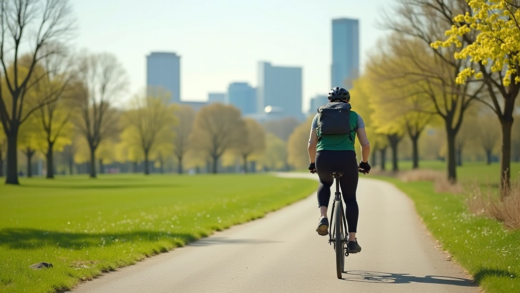 Cyclist riding through Rīga city park with modern buildings visible in the background, spring greenery and clear skies
