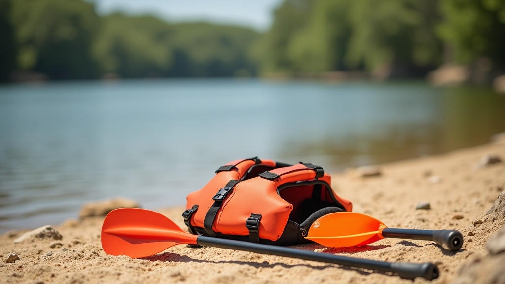 Close-up of kayak paddle resting against a kayak hull on sandy riverbank with calm water in background