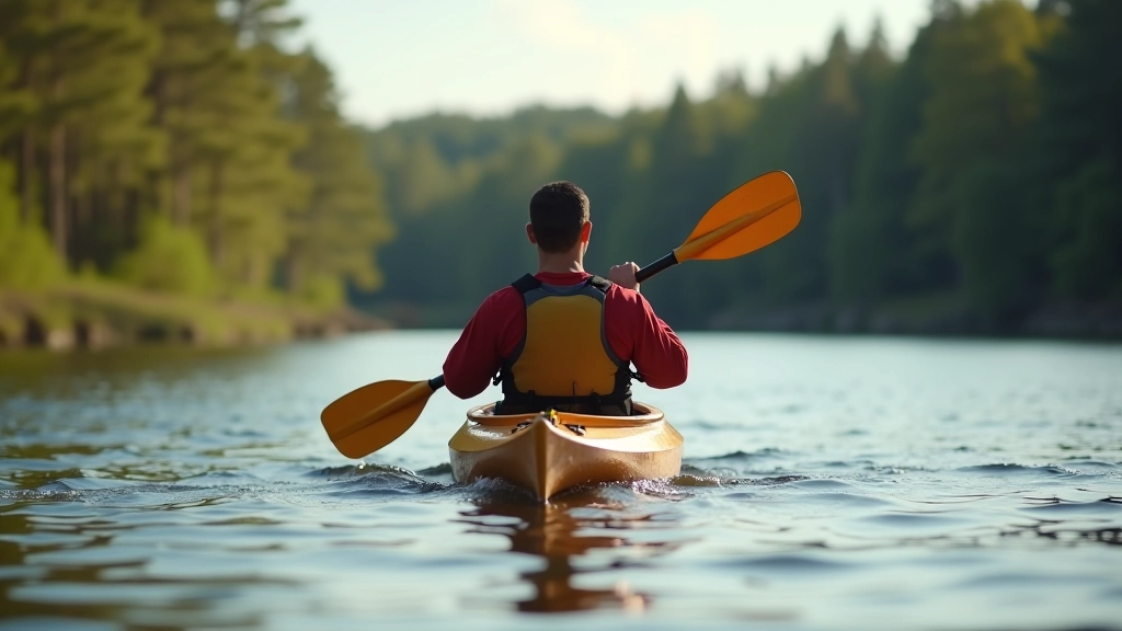 Paddler demonstrating forward stroke technique in kayak on calm river with forest in background