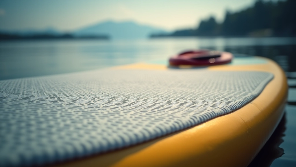 Close-up of a paddleboard surface showing the non-slip texture and grip patterns for stability and safety