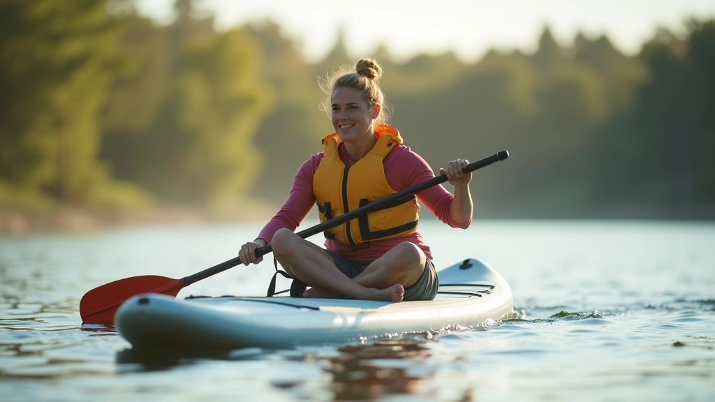 Paddleboarder wearing bright colored life jacket and rash guard on calm morning lake with clear visibility and safe conditions