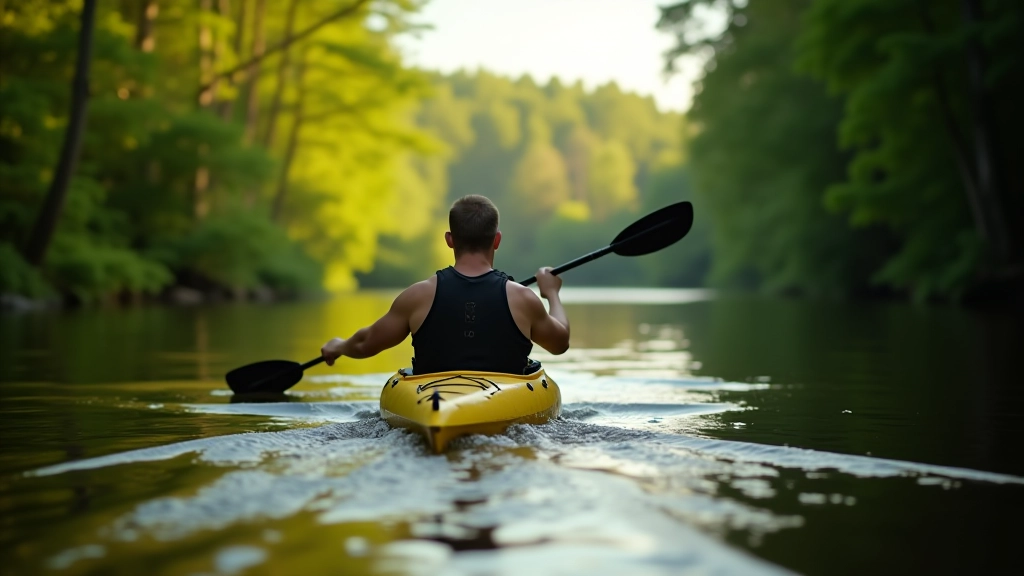 Kayaker paddling on a Latvian river surrounded by forest scenery