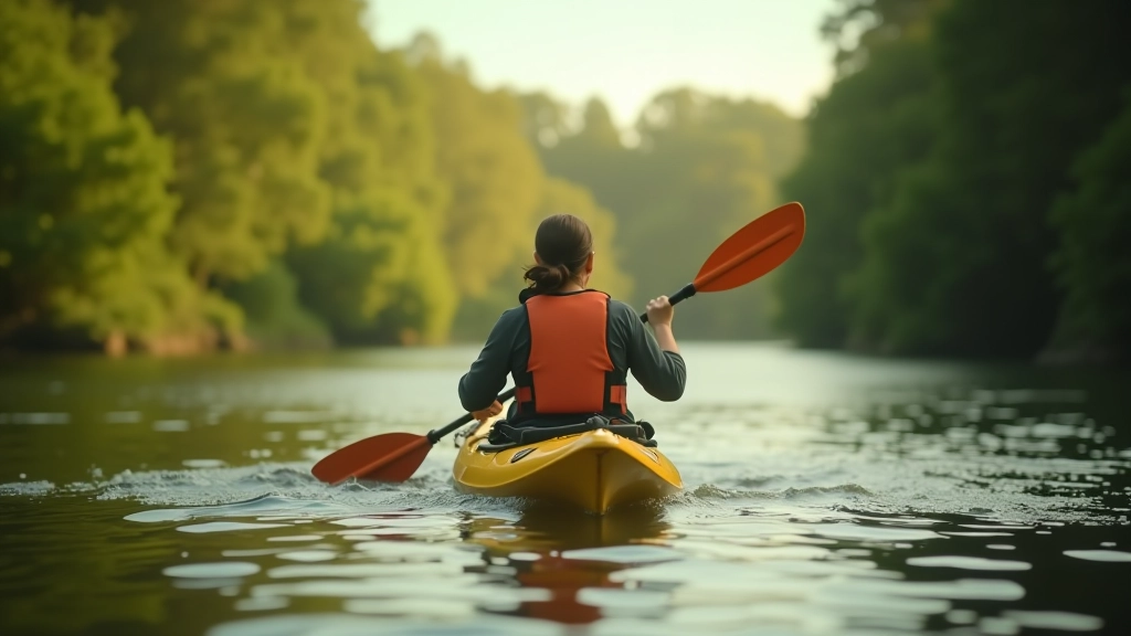 Person kayaking on a calm river surrounded by green forest banks and overhanging trees