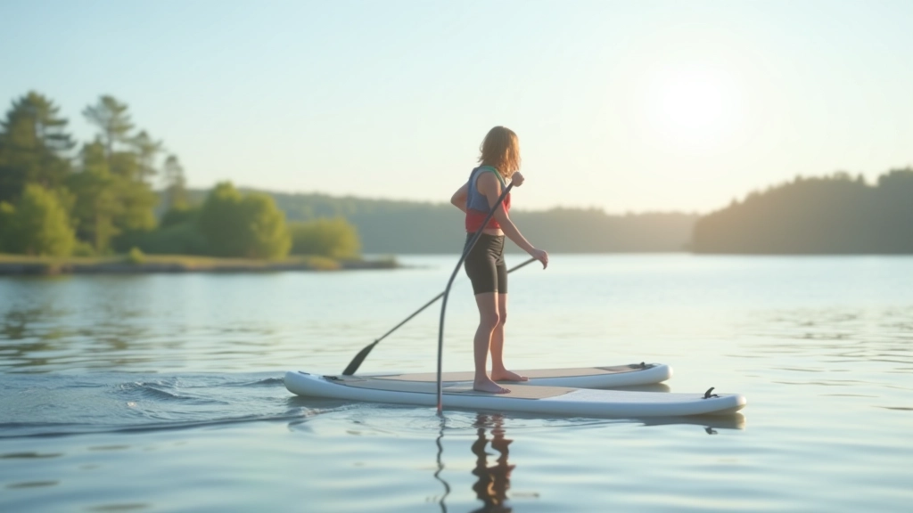 Paddleboarder demonstrating proper stance with feet positioned shoulder-width apart and core engaged on calm water