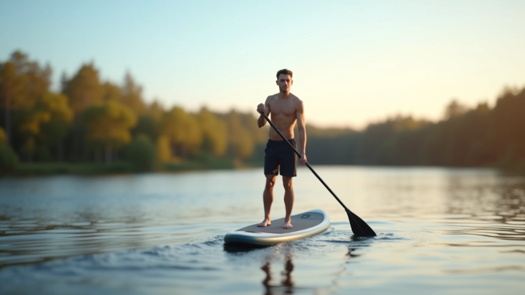 Person standing on paddleboard on calm lake water