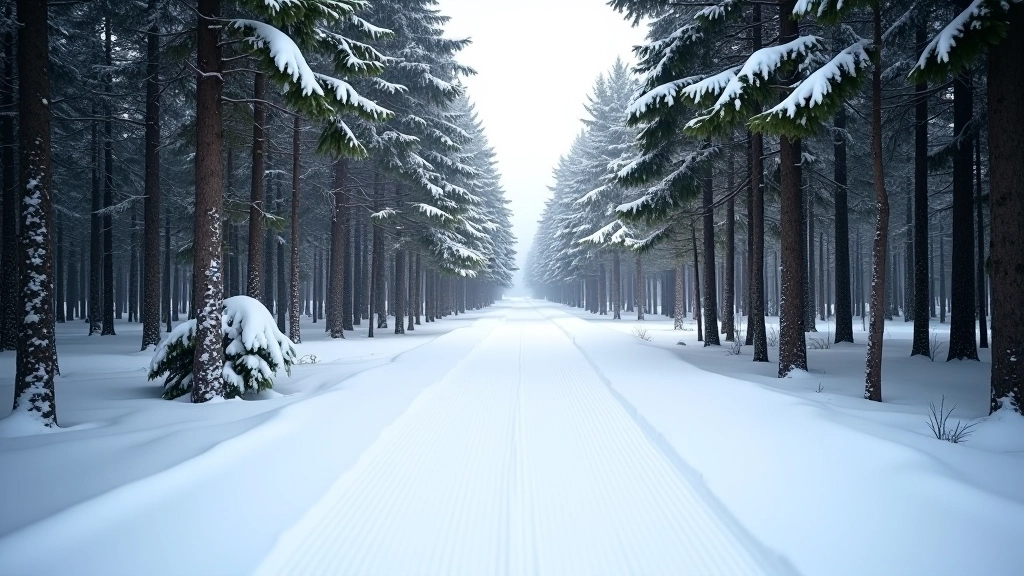 Snowy forest trail in Sigulda with groomed cross-country ski path visible, evergreen trees on both sides, winter landscape