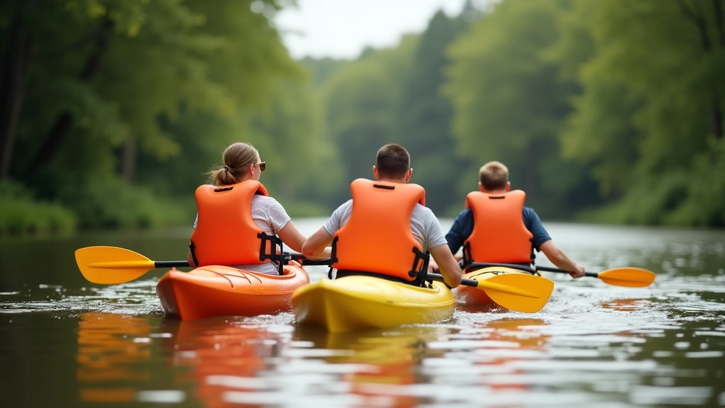 Group of three kayakers paddling together on river wearing bright PFDs in formation