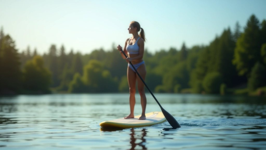 Paddleboarder on calm Latvian lake